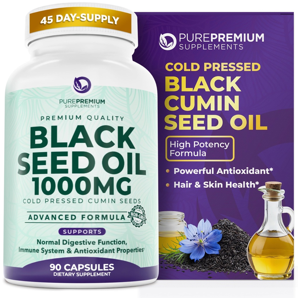 PurePremium Black Seed Oil 500mg - Organic Nigella Sativa Semena, hladno stiskano črno Cumin Oil Extract - las / kože Dopolnilo za moške / ženske pakiranje po 90 kapsul