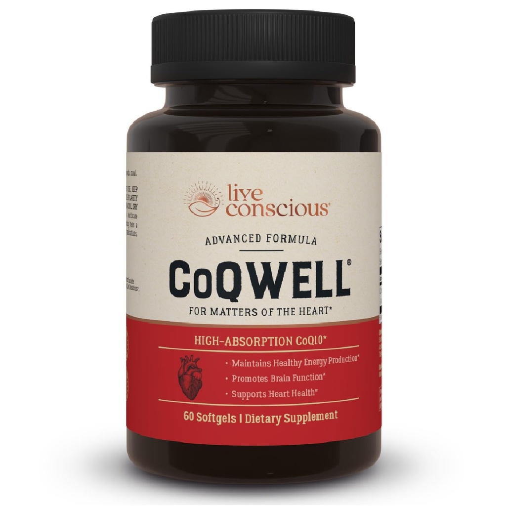 Live Conscious CoQWell - CoQ10 Heart, Brain, and Secular Health Support, Koencim Q10 Ubikinon - 60 Softgels - 60 dnevna dobava