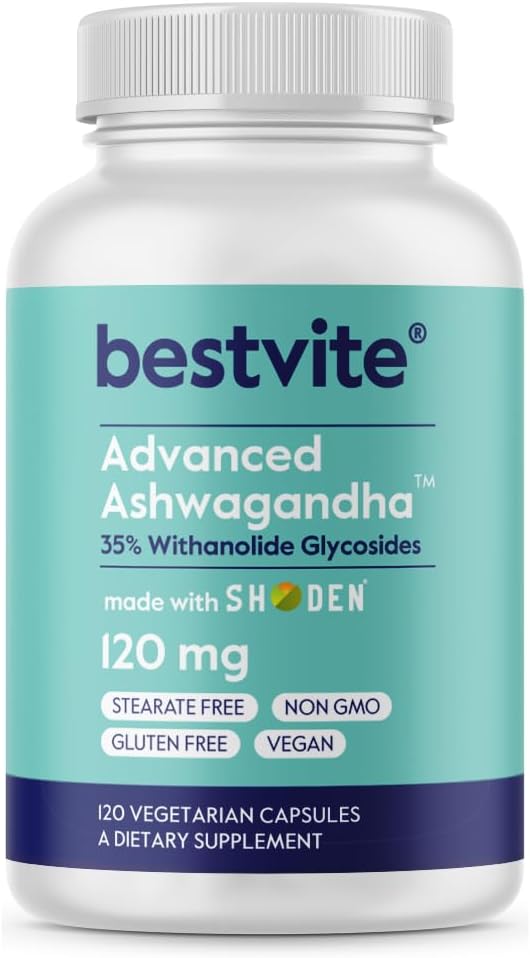 BESTVITE Advanced Ashwagandha 120mg w/Shoden (120 vegetarijanskih kapsul) - klinično raziskano, ki vsebuje industrijo, ki vodi 35% Witanolid Glycosides - Brez stearats - Vegan - Non GSO - Gluten Free