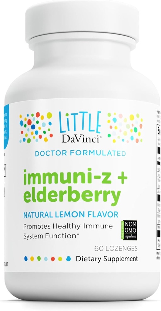 DAVINCI Little Imuni-z + Elderberry - Otroci Cink Lozenge za podporo imunskega zdravja, zdravih pljuč in grla tkiva* - z vitaminom D3, cink, starejšina in več - Lemon Flavor - 60 Lozenges