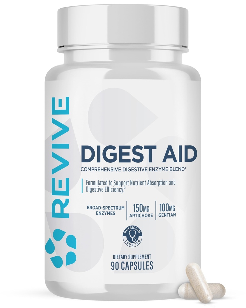 Revive MD Digest Aid, Prebavna podpora dodatek za moške in ženske - Celovita prebavna encimska mešanica s probiotiki in prebiotiki za Gut Health & Health Digestion (90 Kapsule, 90 Servings)