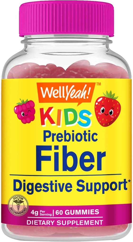 WellYea Prebiotic Fiber Gummies za otroke - Prebavni sistem podpora, zdravnik priporoča - Vegan prijazno in Gluten-free, GSO brezplačno - Yummy Berry Flavors - 60 Count