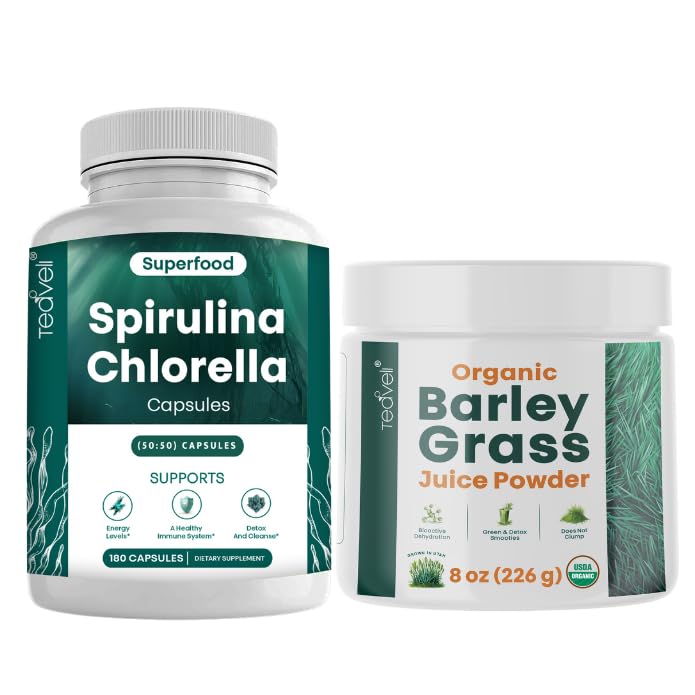 Teaveli Spirulina Klorella kapsule in sok iz ječmena v prahu