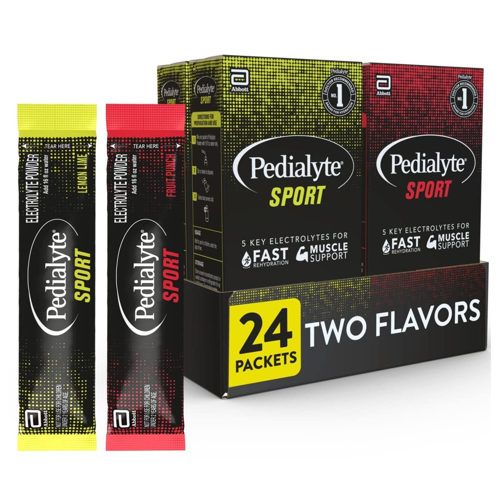 Pedialyte Sport Electrolyte Powder, hitra hidracija s 5 ključnimi elektroliti za podporo mišic pred, med, in po vadbi, 12 limona lime & 12 sadni punch, 0.49-oz paketi (24 Count)