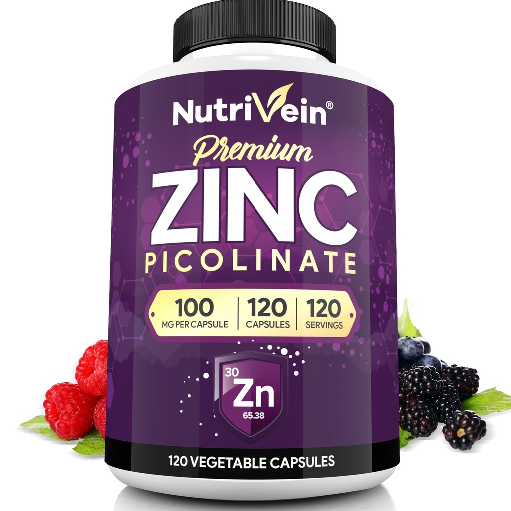 Nutrivein Premium Cinkov pikolinat 100 mg - 120 kapsul za odrasle: visokoabsorpcijski dodatki cinkovega pikolinata - bistveno hranilo za splošno dobro počutje - največja biološka uporabnost