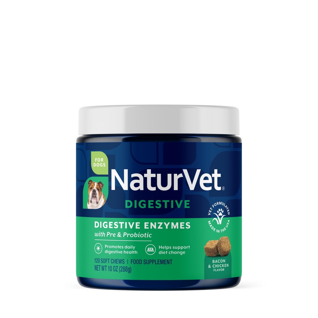 NaturVet – Prebavne encime - Plus probiotiki in prebiotiki – pomaga pri dietni spremembi in zdravem prebavnem traktu – za pse in mačke (Soft Chews, 120 Štetje)