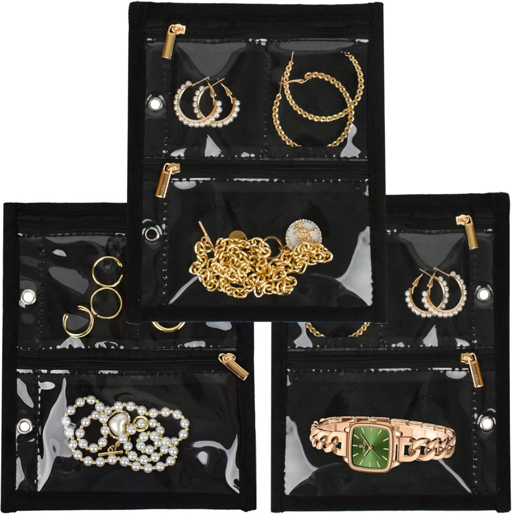Travel Jewelry Organizer Case,Jewelry Bags Jewelry Storage Book Binder with Clear Zipper Velvet Pouch for Traveling,Earrings, Rings, Necklace, Bracelet (Inner Pages, 3 PCS)
