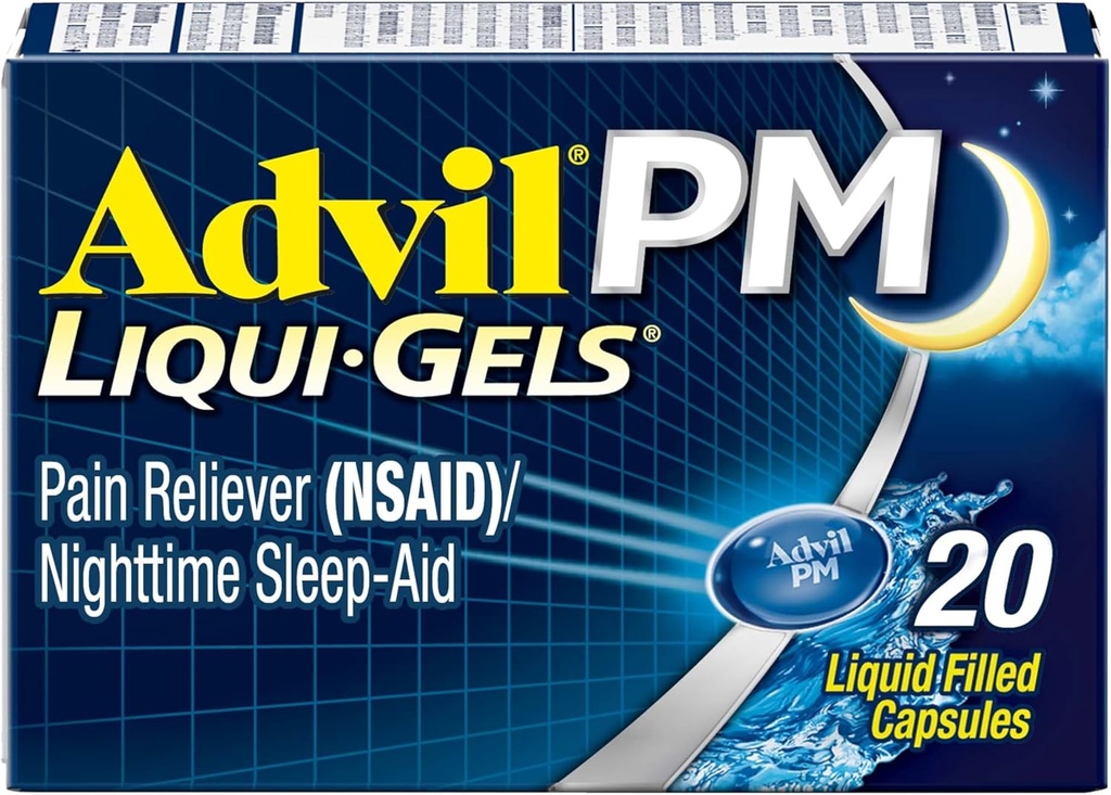 Advil PM Liqui-Gels Pain Reliever in nočno spanje Aid, Pain Medicine z Ibuprofen za lajšanje bolečine in difenhidramin HCL za pomoč v spanju - 20 Tekoči zapolnjene kapsule - Nazaj na kolidž