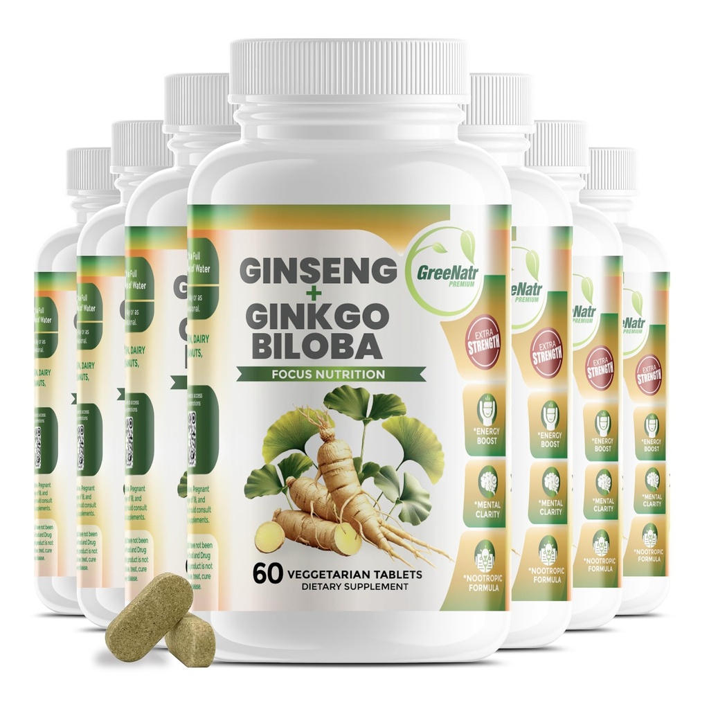 GreeNatr Ginko Biloba & Panax Ginseng dodatek - Red Ginseng Možganski dodatek za spomin in fokus - Ginkgo Biloba dopolnila za dober vid, imunski sistem in izboljšan pretok krvi - 12 steklenic