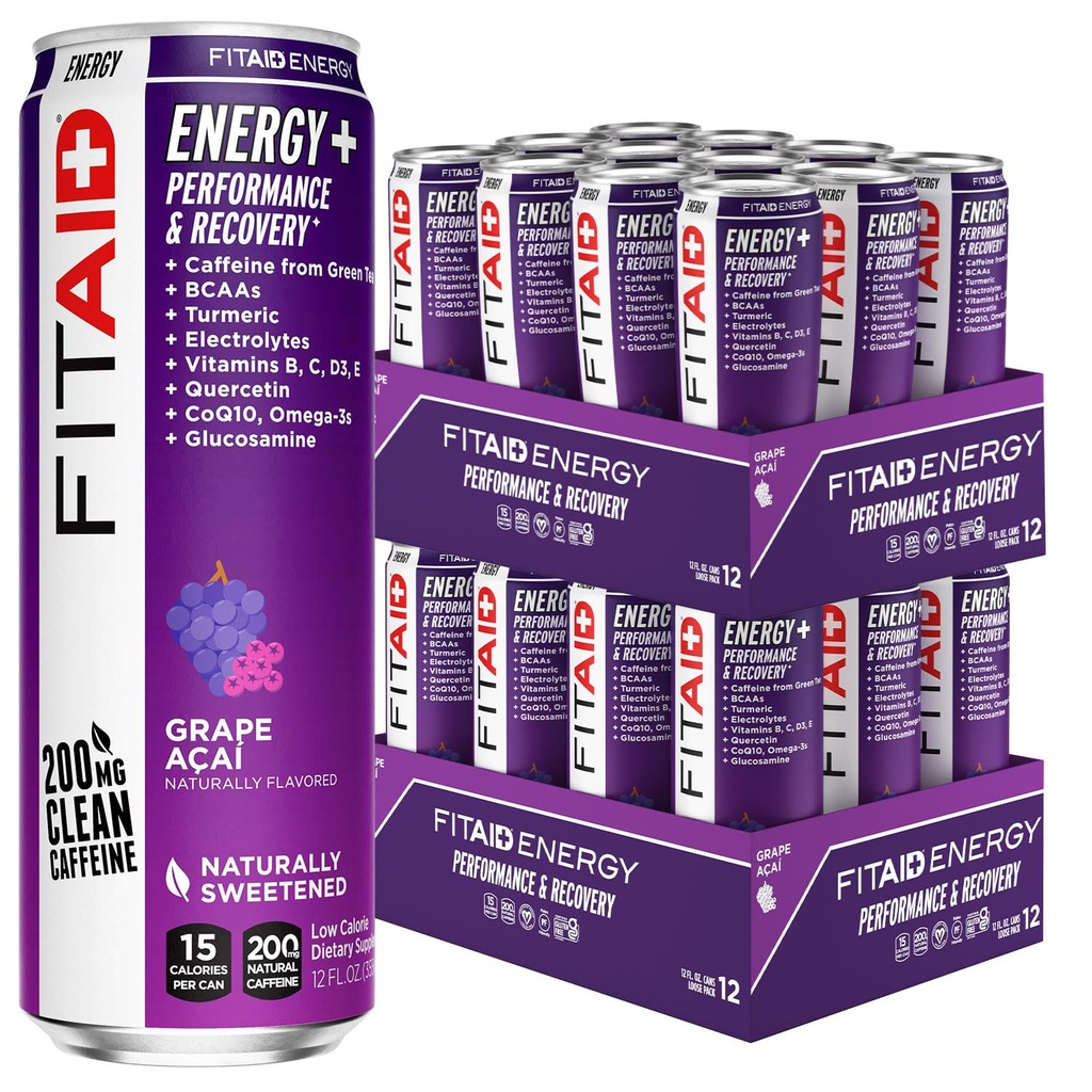 LIFEAID FITAID Energija Grozdje AÇAI, 200mg Naravni kofein, Keto, Predworkout Performance: BCAA, Quercetin, Elektroliti, Omega-3s, 15 Calories, Paleo, Vegan & Gluten-free,12-oz (Pack of 24)
