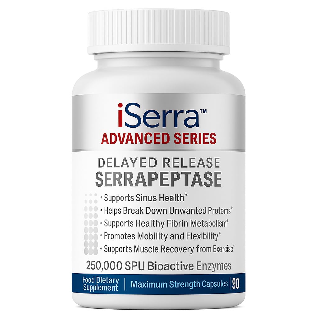 iSerra 250.000 SPU Enzyme Serrapeptase - 90 največjih jakostnih kapsul - do 12x več Močne kot druge Serrapaptaze - zapoznela sprostitev Tehnologija-visoka jakost ne-GMO, Gluten Free, Vegan (paket z 1)