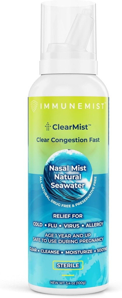 ClearMist Natural Seawater Nasal Spray za prezasedenost Relief, Hypertonic Saline Nasal Spray za suhi nos, vlažilni Sinus Decongestant Relief za odrasle in otroke Made na Švedskem, Varen za starost 1+