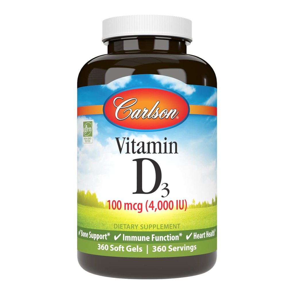 Carlson - Vitamin D3 4000 i.e. (100 μg), Imunska podpora, zdravje kosti, zdravje mišic, holekalciferol, dodatki vitamina D, Soft Gels, 360 Softgels
