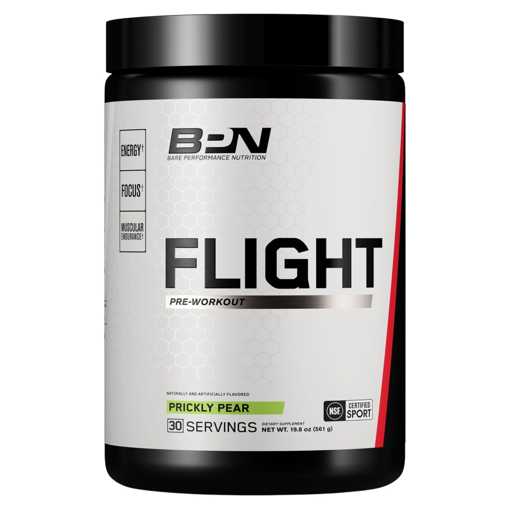 BARE ZMOGLJIVOST HRANILNA BPN Flight Pre Workout, Podpira energijo in miselno fokus, izboljšano vzdržljivost in mišične črpalke s CarnoSyn® Beta Alanine, Prickly Pear, 30 Servinges