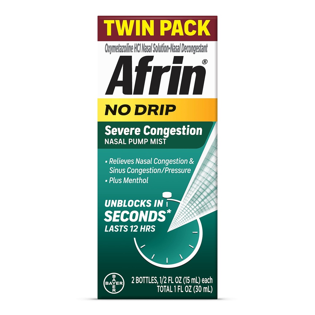 Afrin No Drip Hude prebavne motnje Nazal Mist Twin Pack, neuporabna, hitro delujoča dekongestiv za Nasal Congestion in Sinus razbremenitev tlaka, odrasli in otroci 6 in starejši, .5 fl oz (Pack z 2)