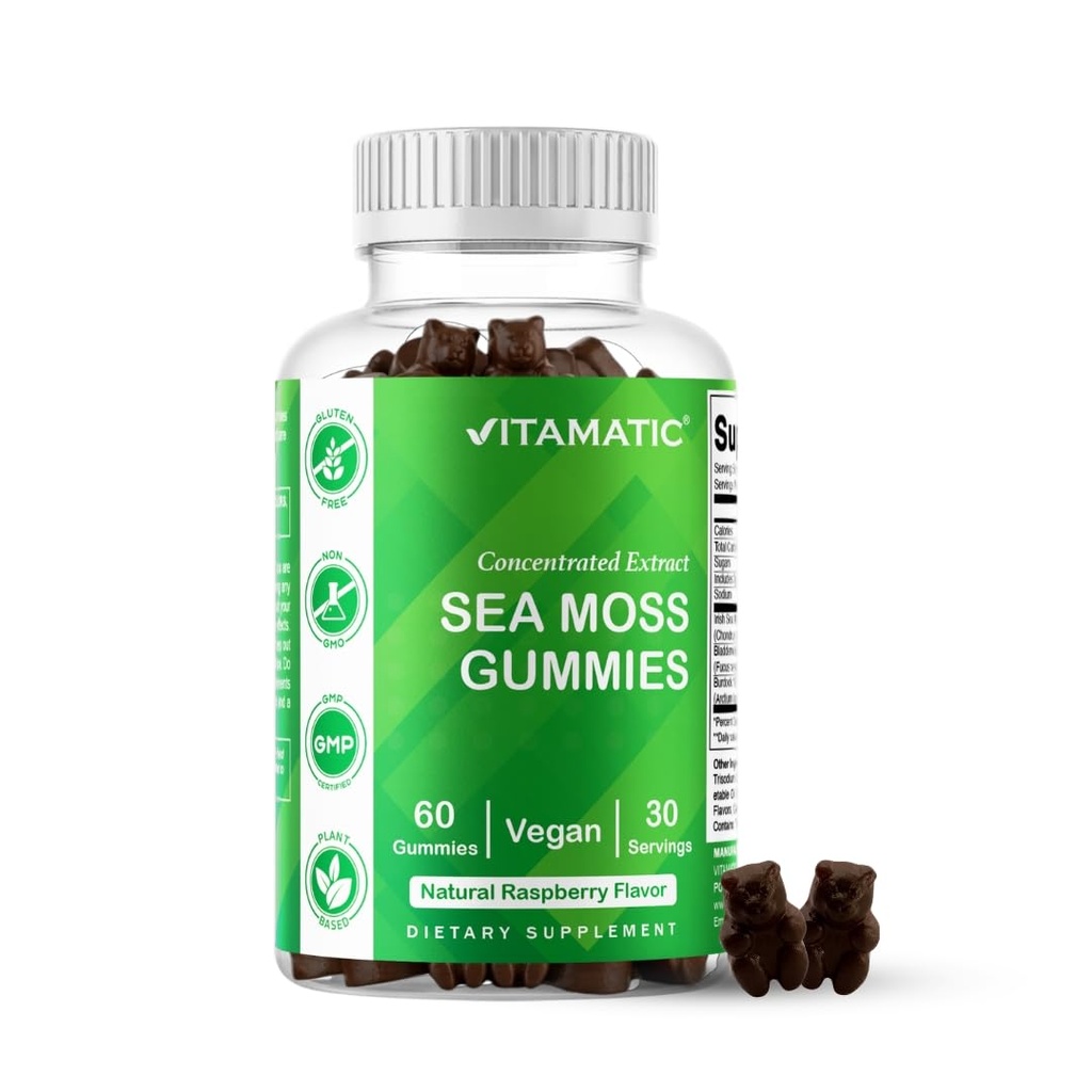 Vitamatsko Irish Sea Moss Gummies – 3000mg ekvivalent na strežbo (iz ekstrakta 132,5mg) – 60 Ct izdelan z Bladderwrack & Burdock Root – Seamoss dodatek za ščitnico, energijo in imuno podporo