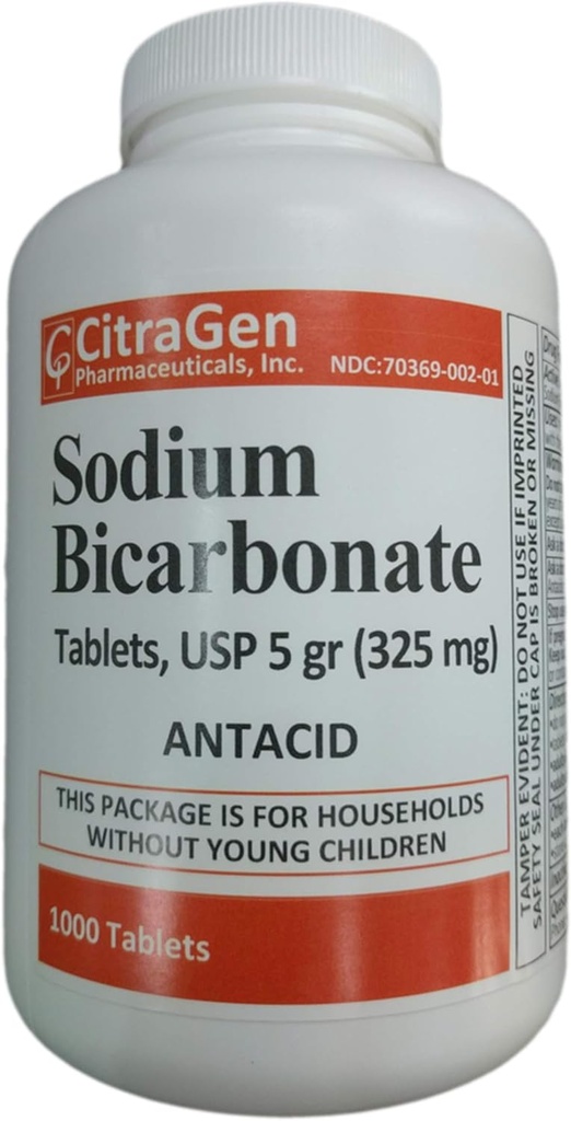 Tablete natrijevega bikarbonata USP 325 mg (5 zrnc) za lajšanje prebavnih motenj, zgage, sour Stomach & upset Stomach 1000 tablet na steklenico zdravila CitraGen Pharmaceuticals Inc