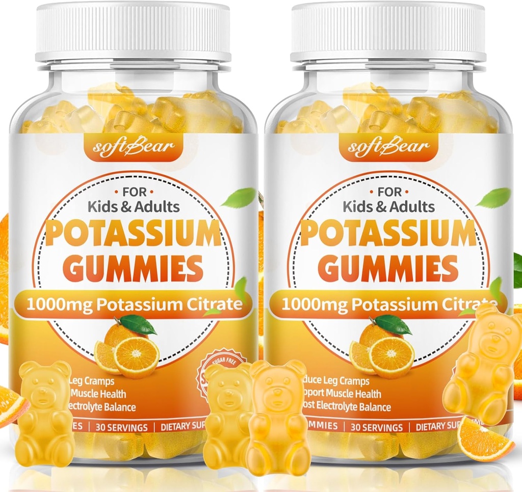 mehki medved Kalijev citrat 1000mg, brez sladkorja Kalijev Gumiji za odrasle Podpora noge Cramps & mišice zdravje visoka jakost Kalijev dodatek Gumies Orange aroma 120 število