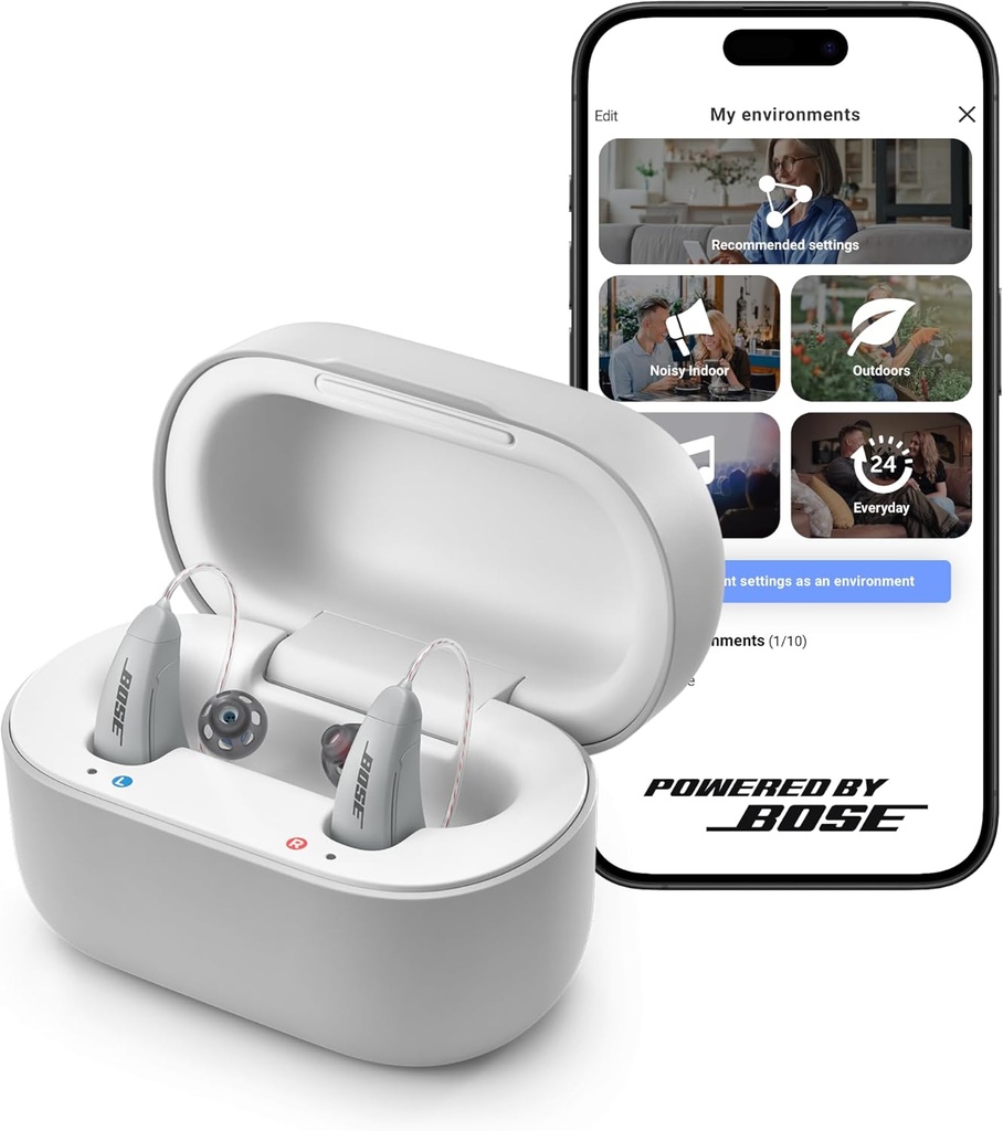 Lexie B2 OTC slušni pripomočki, ki jih poganja Bose - Bluetooth klic Omogočil za iOS, polnjenje z App Control, cel dan Comfort. Samozadovoljna rešitev, zmanjšanje hrupa za blago do zmerno izgubo sluha (siva)
