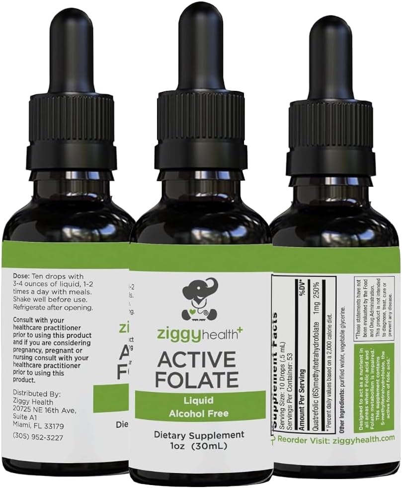 Active Folate Pure Liquid Extract dodatek - L-metilfolat za boljšo absorpcijo, zdravje možganov, izboljšanje celične funkcije, podpora imunski sistem, voda topen B kompleks, 1oz - z Ziggy zdravje