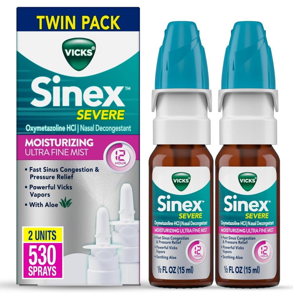 Vicks Sinex Hud nos Spray, vlažilna Ultra Fina meglica z Aloe, Dekongestiv Medicine, Relief iz zamašen nos zaradi hladne ali alergije, Nasal Congestion & Sinus razbremenitev tlaka, 265 Sprays x 2