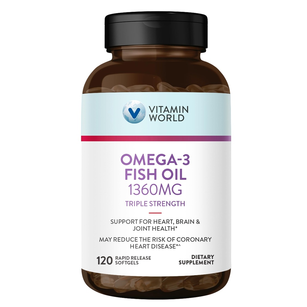 Vitamin World Triple Jakost Omega 3 ribje olje 1360 mg dodatek, 950 mg Active Omega-3 Maščobne kisline z EPA & DHA, Podpira srce, Brain & Joint Health, Gluten Free, 120 Softgels, 4 Mesece dobave