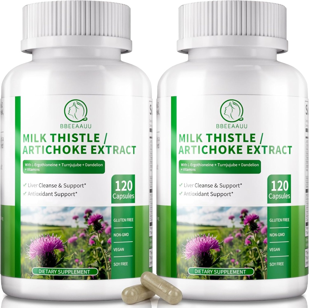 Jetrna čistila Detox & Popravilo 120 Kapsule, 16-v-1 Zeliščna jetrna podpora Dopolnilo z mlekom Thistle, Artichoke, L-Ergotionein, Turnjube Dandelion Extract za jetra Renew & Antioksidant (2 paket )