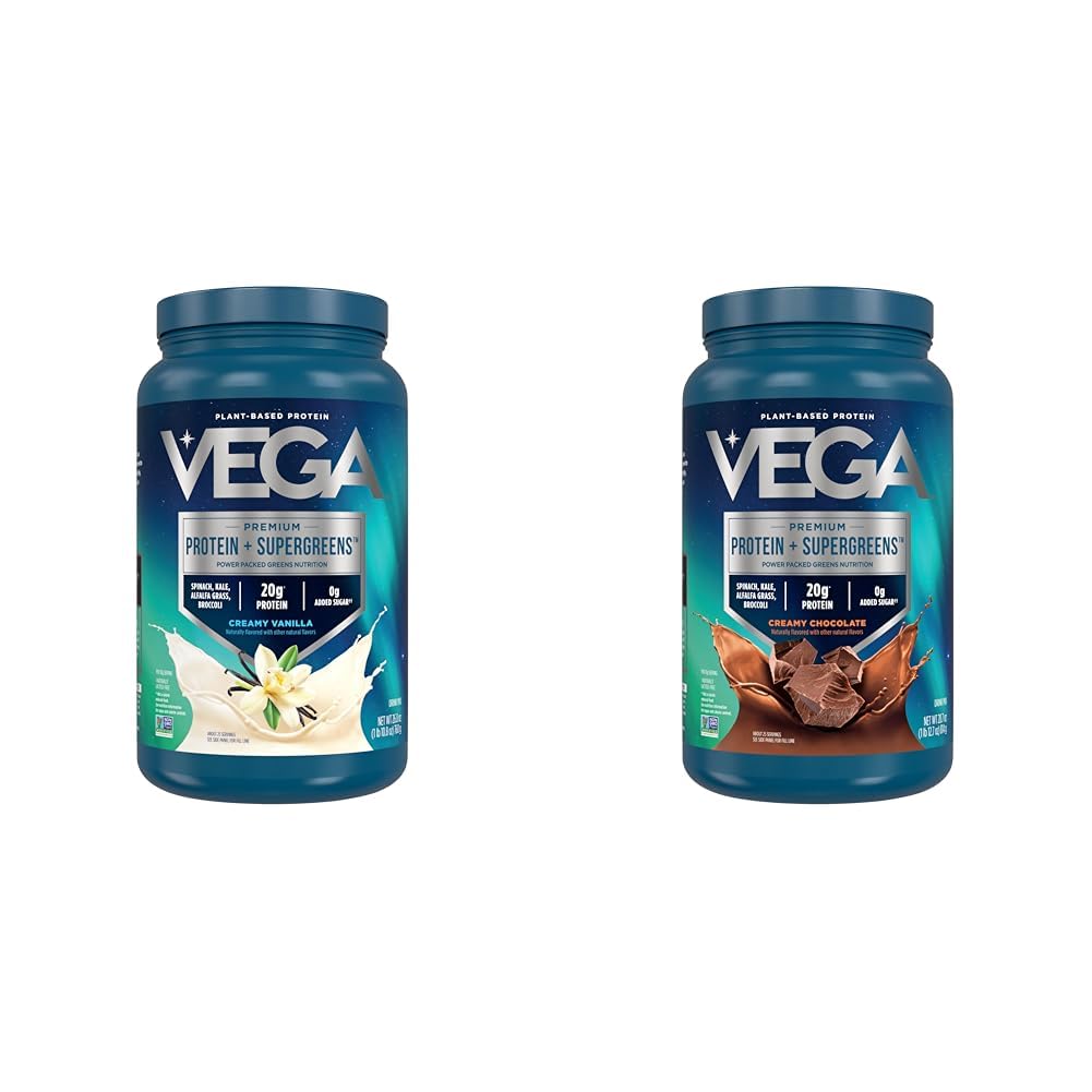Vega proteini & zeleni čokolada, čokolada + vanilja (25 obrokov vsak) - rastlinski beljakovinski prašek, keto-prijateljski, brez glutena, nemaščobni, veganski, nesojini, ne gensko spremenjeni organizmi, laktoza brez