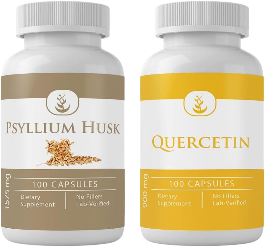 PURE ORIGINAL SESTAVINE Psylium Husk & Quercetin Kapsule paket (100 kapsul vsak), brez dodatkov ali polnila, laboratorij preverjen