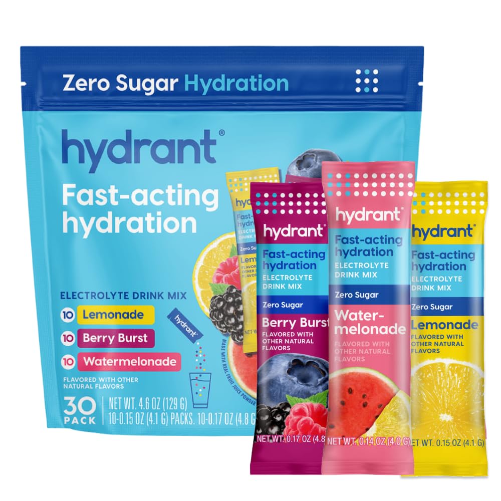 Hydrant - Hydration Powder Variety Pack, 30 Individual Sugar-free Instant Rehidracijski paketi elektrolitov - Zero Sugar Drink Mix za vsakodnevno uporabo, potovanja in vaje