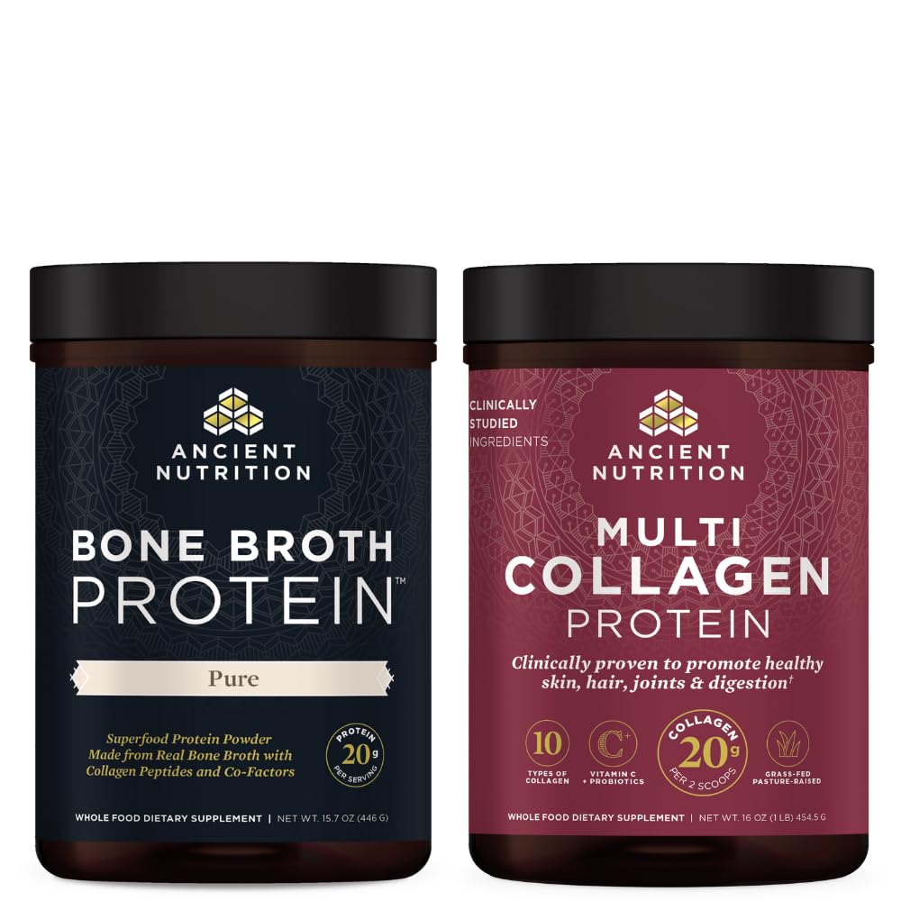 Ancient Nutrition Bone Broth Protein Powder, Pure, 20 Servings + Multi colagen Protein Powder, Nearomated, 45 Serving