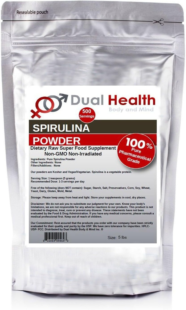 Dual Health Body & Mind Pure Spirulina Powder (5 lbs) Neobsevane beljakovin Superfood Bulk dodatki