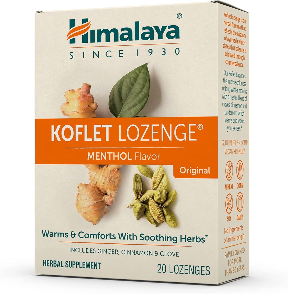 Himalaja Koflet Lozenges, Original Mentol Flavor, Naravni zeliščni kašelj kapljica za toplo olajšanje in pomirjujoče grlo Comfort, 130 mg, 20 Lozenges