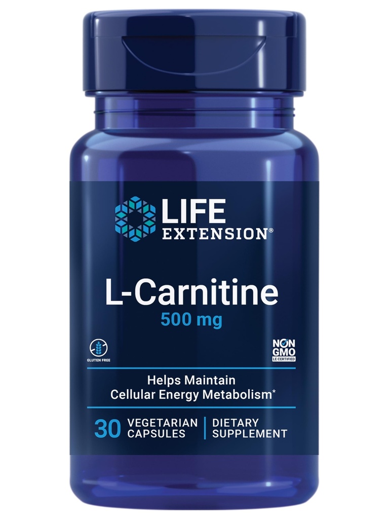 Life Extension L-karnitin – 500 mg, Energy Supplement, Memory Supplement – Free Form Amino Acid, Podpora dušikovemu oksidu, Zdrav krvni tlak – Gluten-free, Ne-GMO, Vegetarian – 30 kapsul