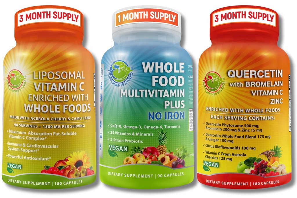Veganski Imunski in antioksidant podpora Bundele – Liposomski vitamin C 1500mg z organskim Acerola & Camu Camu + Quercetin 500mg z bromelainom, cinkom in vitaminom C + Veganom Cela hrana Multivitamin brez železa