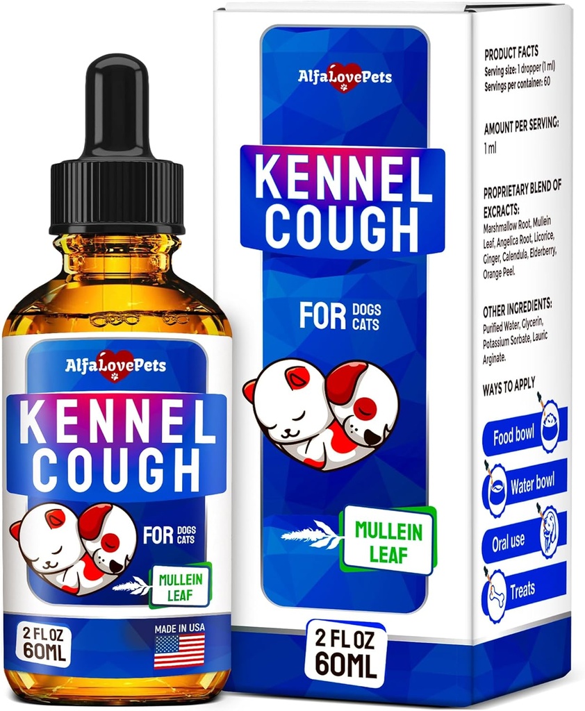 Kennel Kašelj Zdravljenje psov in mačk – Pasji kašelj Zatiranje pomaga pri alergijah, Runny Nose, Sneesing – za vse pasme in velikosti – Mullein Leaf in Calendula – 2 Oz