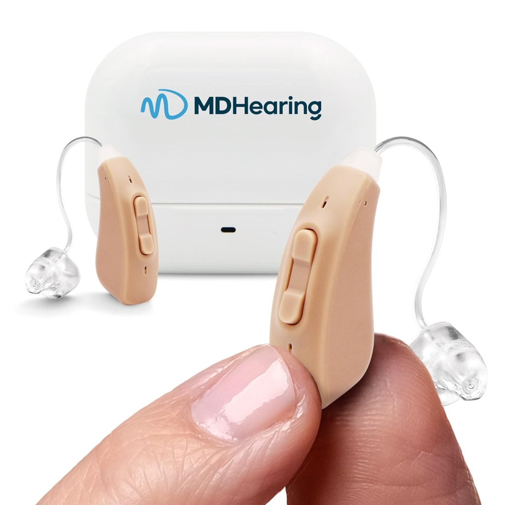 MDHearingAid Aid Aid Shue Aid Aid (par), OTC polnilni, kristalno jasno digitalni zvok z MDHearing, kot nalašč za očala, skoraj nevidni