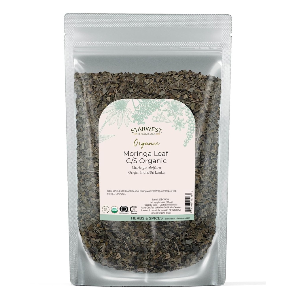 Starwest Botanicals Organic Moringa Leaf - Herb za čaj, Kapsule, Juice, & Smoothies, naravni vir antioksidanti, cut & Sifted, Certified Kosher, Non GSO - 4 oz Pouch