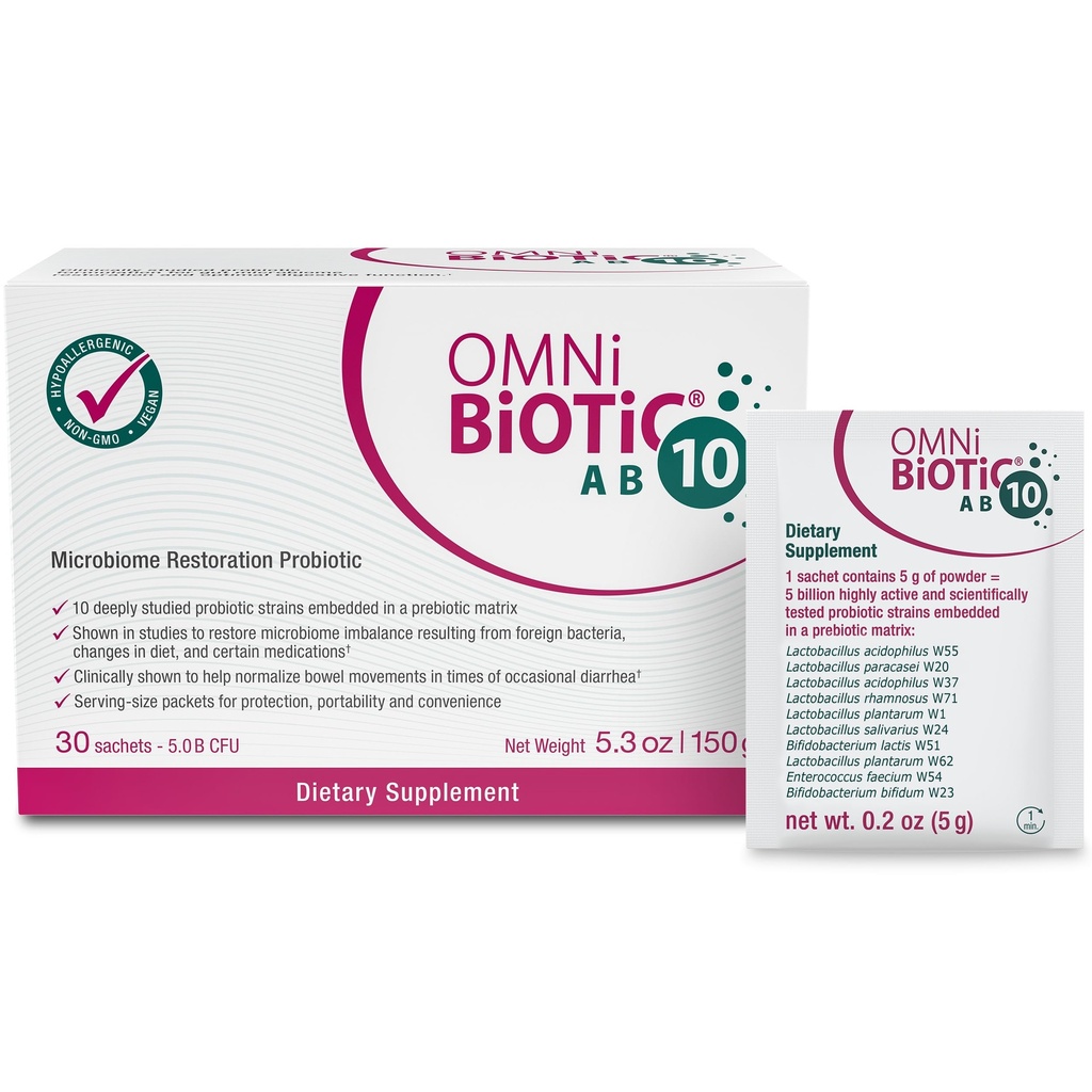 OMNi BiOtiC AB 10 - Klinično testiran restavrirani probiotik - Podpora in obnova Gut Flora & Prebava - Prebavni probiotik za diarejo - vegan, hipoalergenik, ne-GMO (30 dnevnih paketov)