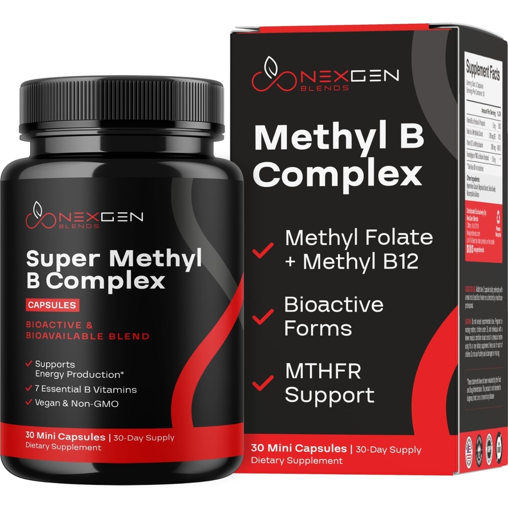Metilirani B kompleks Vitamin dodatek - Bioaktivni metil B kompleks s 5-MTHF metil Folate & B12 Metilkobalamin za Brain Heart Energy & Homocysteine Podpora - Super Vitamin B Complex (30 štetja)