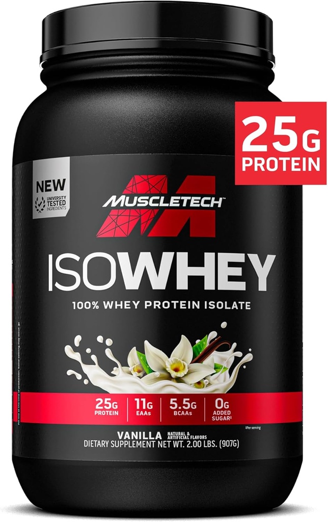 MuscleTech ISO Izolirni proteini sirotke v prahu, vanilija - post vadba Gym dodatek za Lean Muscle Gain, Body Building Hujšanje in okrevanje - 25g proteini, BCAA, EAA & 0 Dodani sladkor - 2lbs