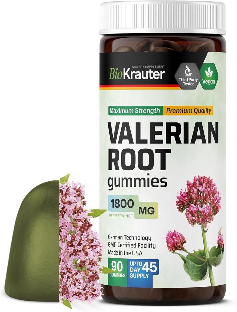 BIO KRAUTER Valerian Root Gummies - 1800 mg Jakost - 90 Veganski žveči - No Melatonin - Podpora Sprostitev in pomiritev - Valerian Root Extract