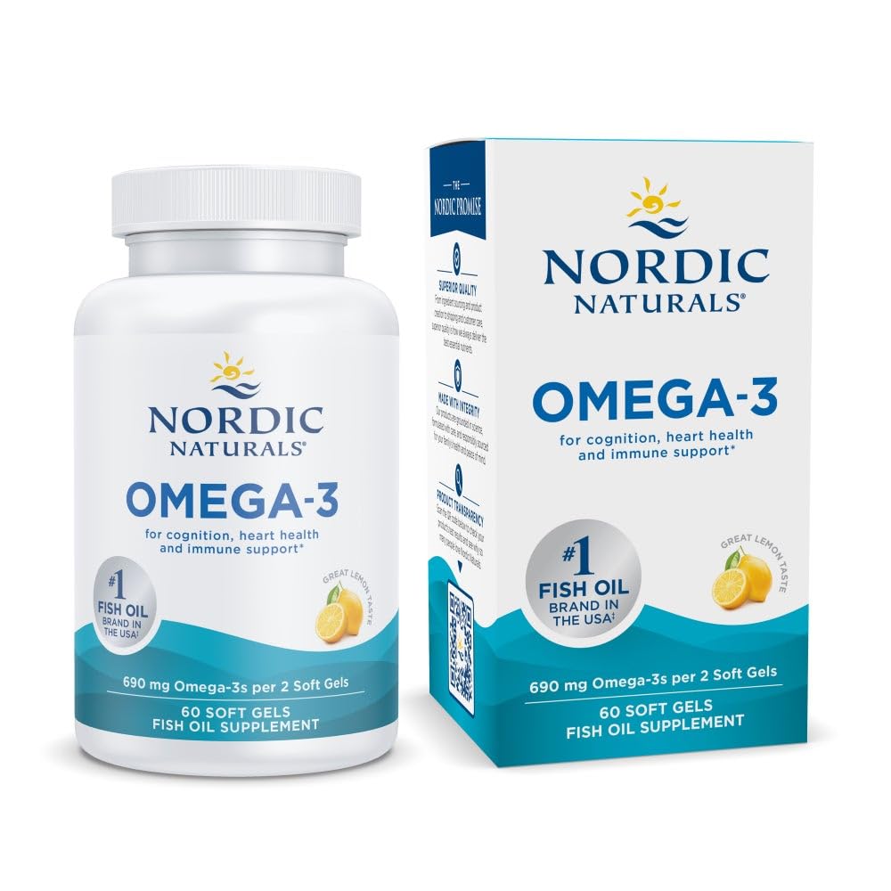 Nordic Naturals Omega-3, Lemon Flavor - 60 Soft Gels - 690 mg Omega-3 - ribje olje - EPA & DHA - Imunska podpora, zdravje možganov in srca, Optimalna Wellness - Non-GMO - 30 Servinges