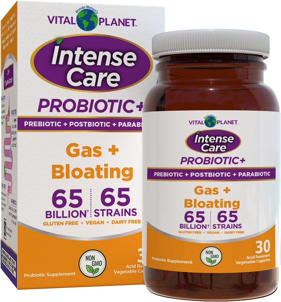 Vital Planet - Intenzivna oskrba Plin & Napihljivi probiotiki, Prebiotiki, Postbiotiki, Parabiotiki, 4- v-1 Hladilni dodatek za odrasle, 65 milijard CFU, 65 sevi, Pregestiv in Imuni, 30 ct