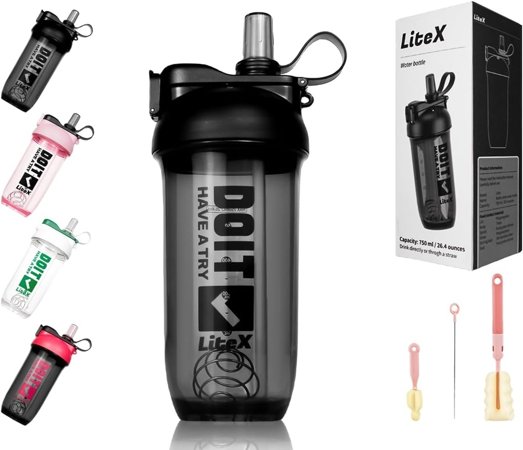 Litex Shaker steklenice za stresanje beljakovin, 26oz Blender Shaker steklenica za predworkout,Shaker pokali s slamo, BPA brez Tritan mešalne steklenice za Beljakovinski prašek, s krtačo in navodila (črna)