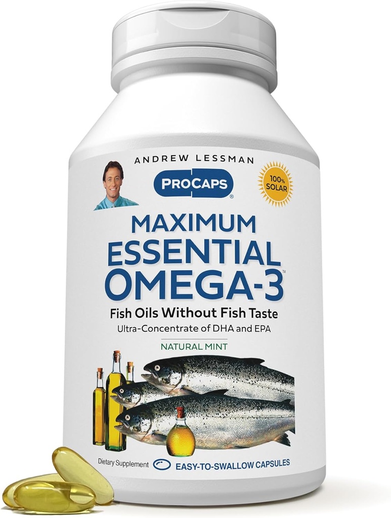 ANDREW LESSMAN Maximm Essential Omega-3 Mint - 30 Softgels - Ultra-Pure, Omega-3 Oils. Visoka DHA, brez želodčne vstaje, brez onesnaževalcev, brez živega srebra. Majhen, enostaven za požiranje softgels