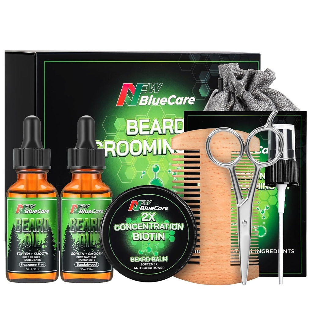 Beard Care Kit - vsebuje (1) vsako od Bradavičastih olj (Sandalwood & Neodštekani), Biotin Beard rastni balzam, Comb in škarje za Grooming in Trimming - Brada nega očka darila za moške On oče mož