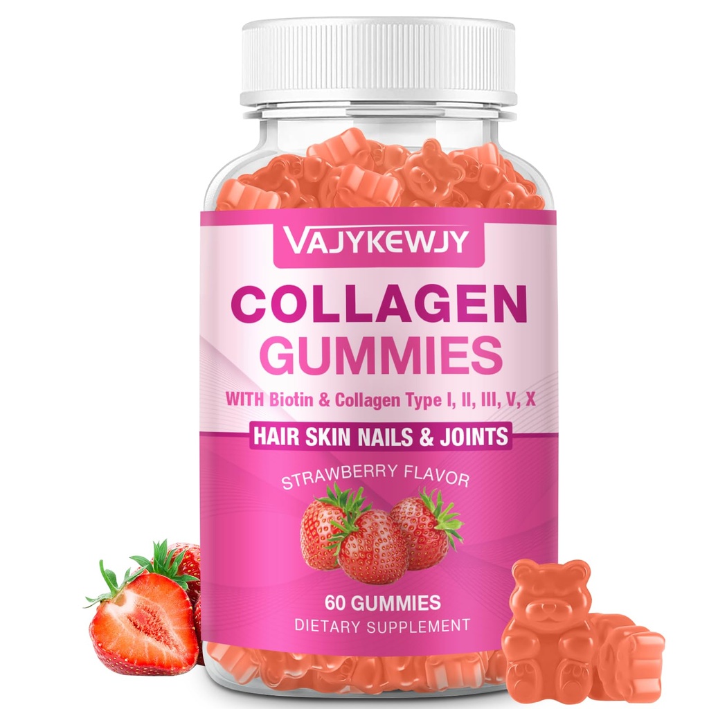 Veganski kolagen Gumiji za ženske in moške - z Biotin, Vitamin C, & cink za kožo Radiance, rast las, močni nohti, & Skupno podporo, 60 Count