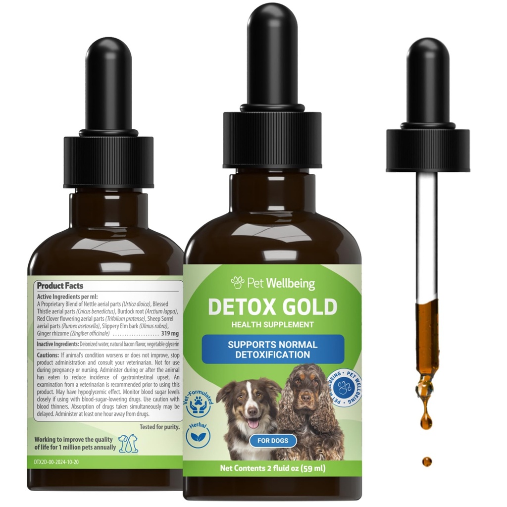 Dobro počutje hišnih ljubljenčkov Detox Gold za pse - nežna detoksifikacija in podpora za izločanje, nega imunskega sistema, kopriva, blaženi osat, korenina burdock - veterinarsko-formulirani zeliščni dodatek 2 oz (59 ml)