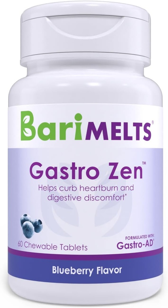BariMelts Gastro Zen® z Gastro-AD®, 60 žvečljive tablete (1-mesečna zaloga), postbiotiki za lajšanje zgage in zdravje po bariatrični kirurgiji